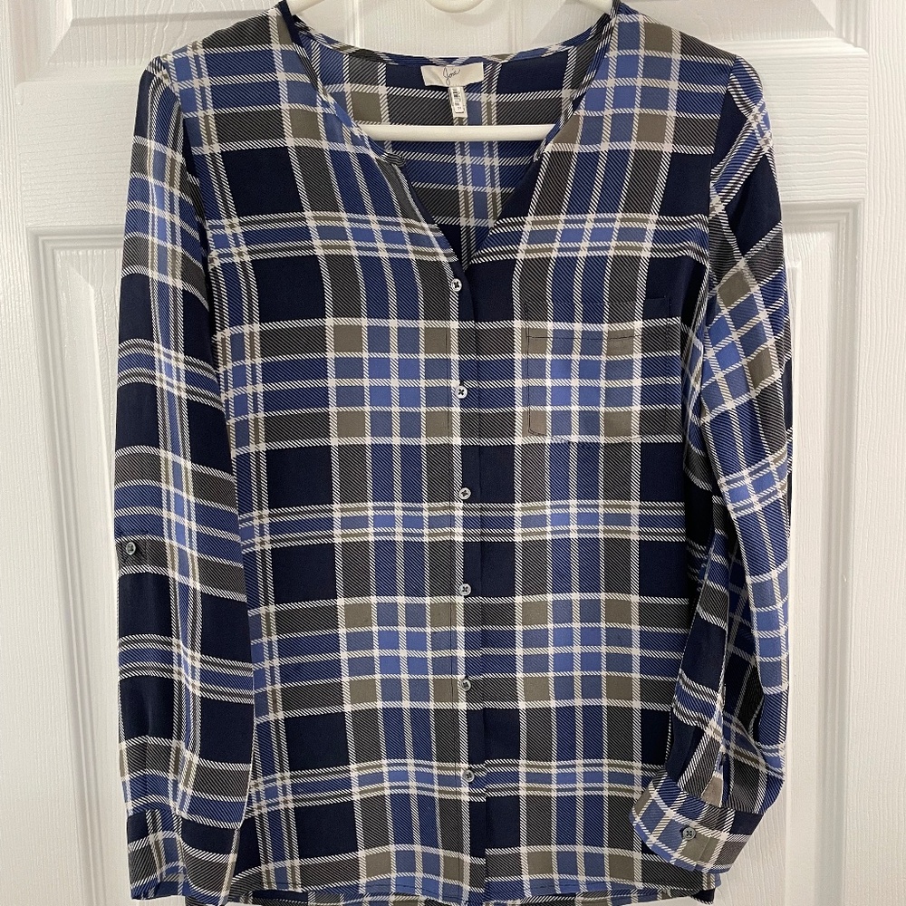 100% silk, plaid pattern Joie blouse